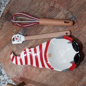 CWC 3-pc. Holiday Baking Tools Set In Red / White Spoon Rest| Spatula | Wihisk